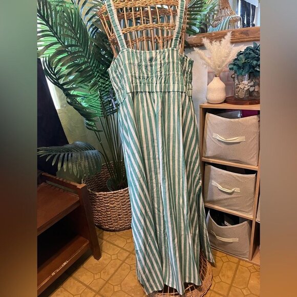 Green & White Striped Sleeveless Maxi Dress With Elastic Waist & Square Neckline - Picture 11 of 14